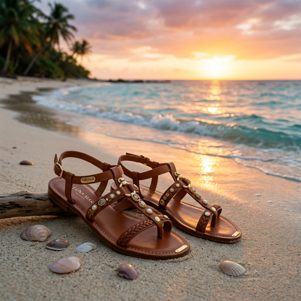 Luxury sandals on a tropical beach