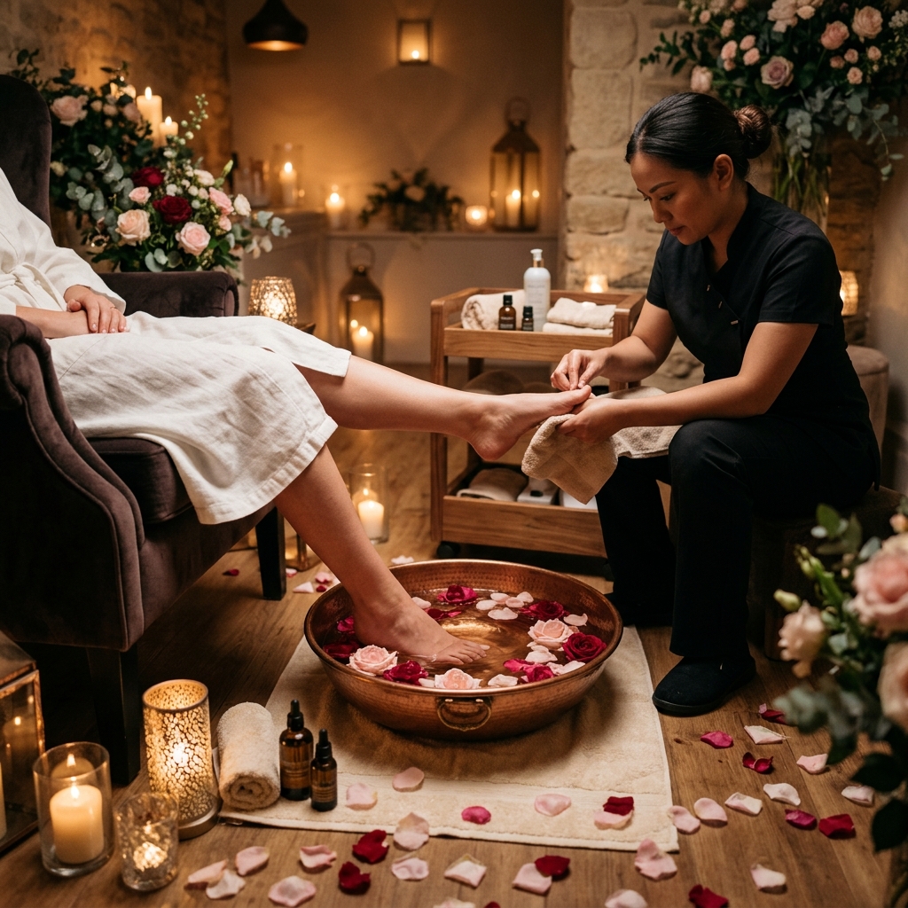 Aesthetic spa setting with rose petals